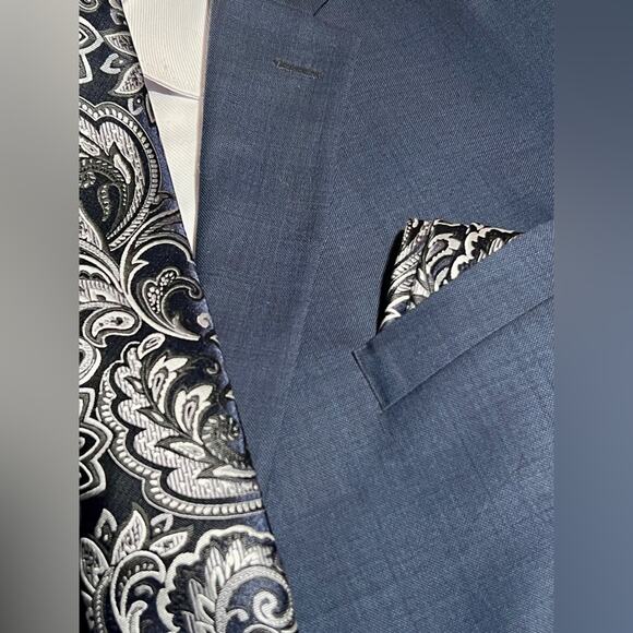 Men’s 3 Piece Tie Set Navy Blue Black Silver Pocket Square Cufflinks Tie - Picture 2 of 4